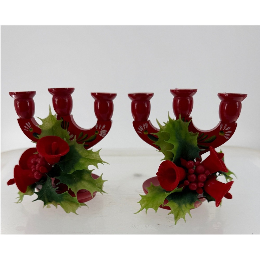Vtg Pair Swedish Folk Art Wood Christmas Candelabras 3 Arm Candle Holders 4.5"
